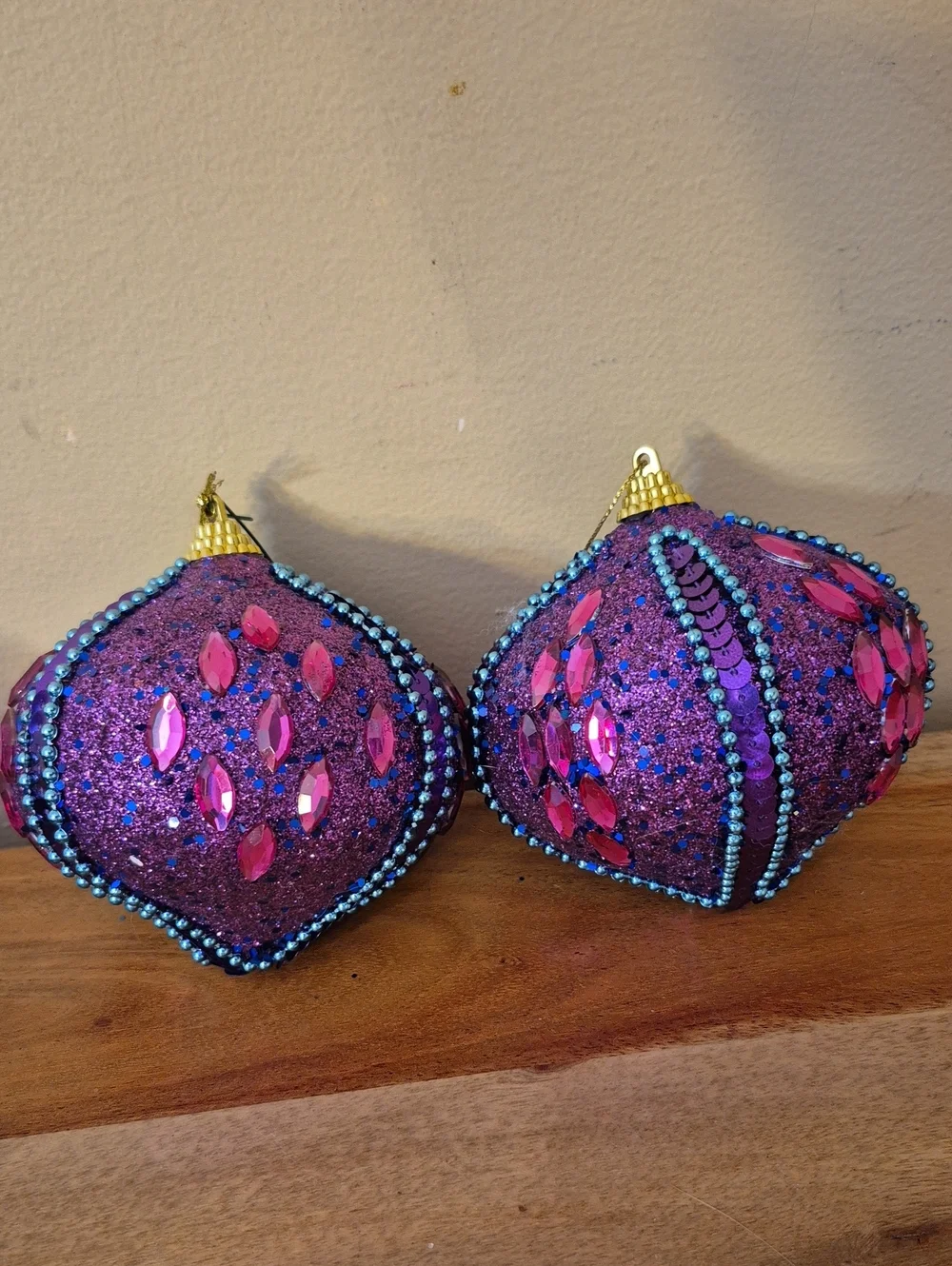 Teal Blue and Purple Glitter Holiday Ornament Set